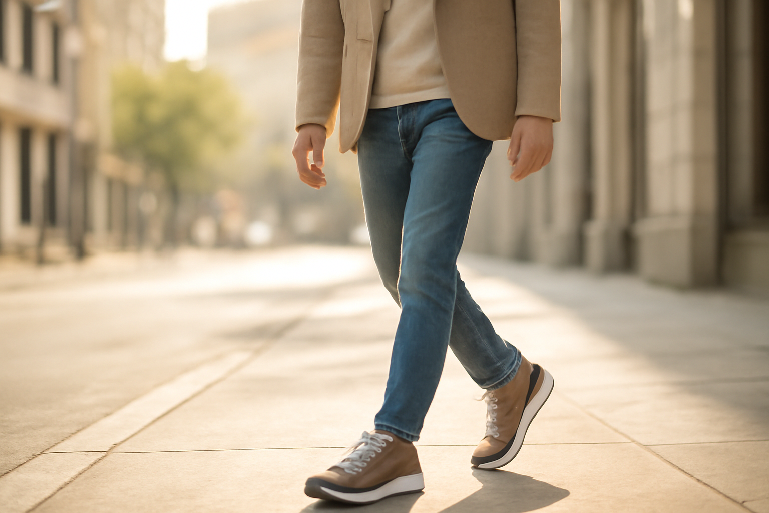 annie-chausseur-porter-chaussures-urbaines-homme homme marchant en ville avec chaussures modernes