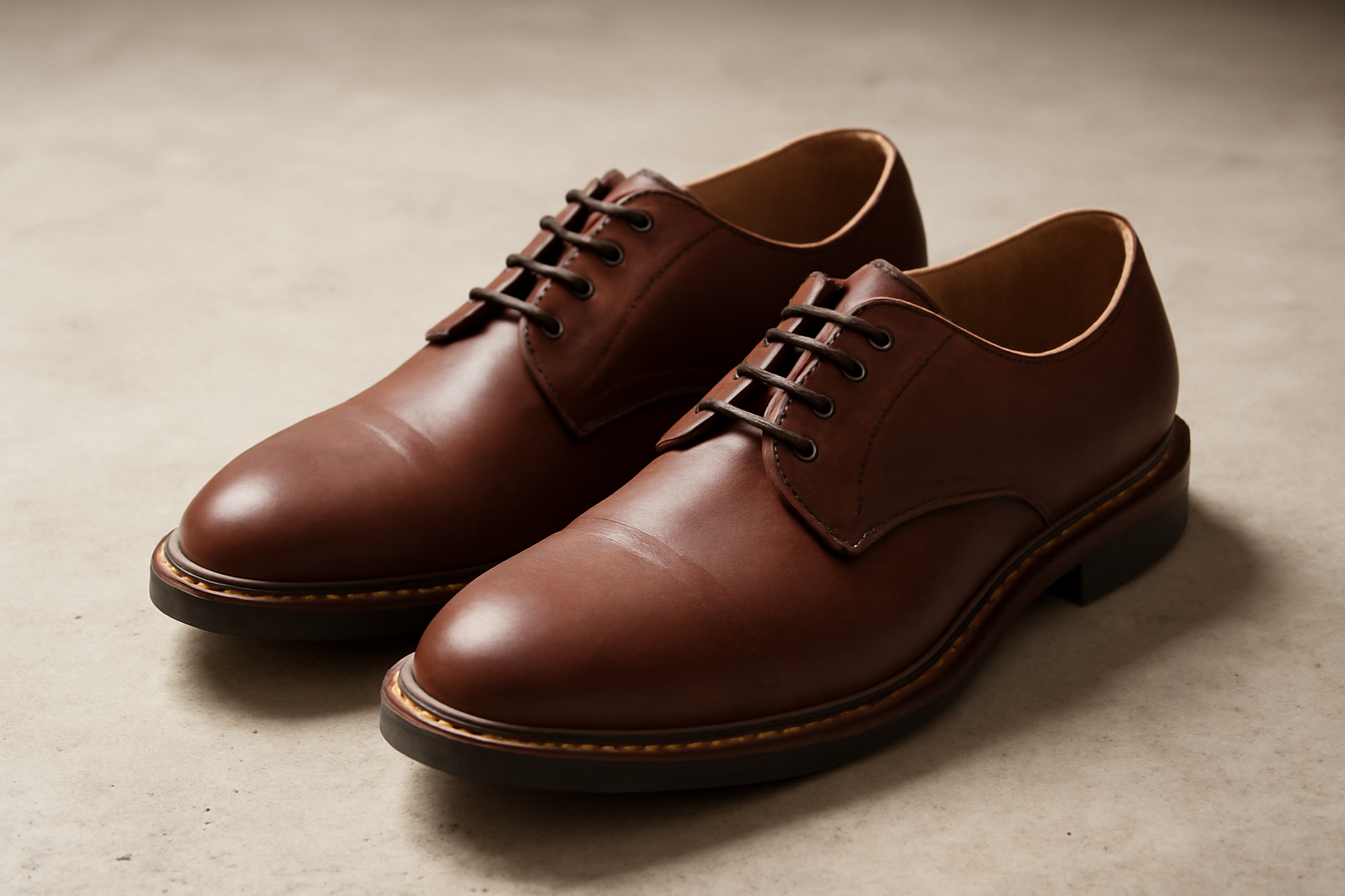 chaussures derby robustes en cuir posées sur sol béton