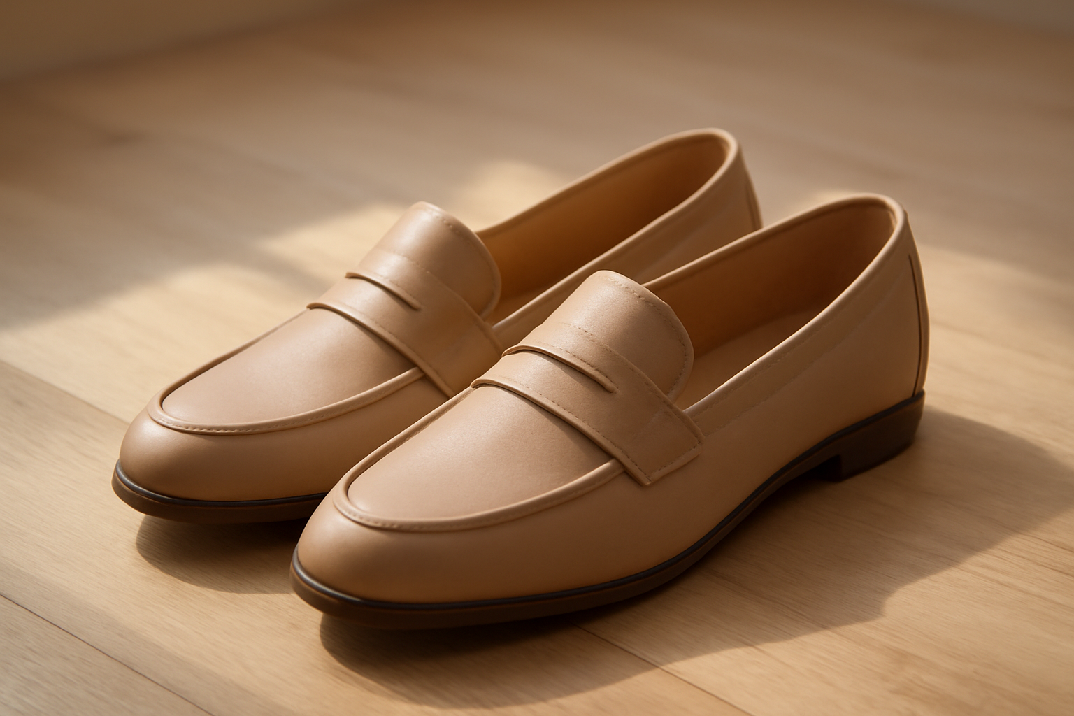 mocassins en cuir posés sur surface bois