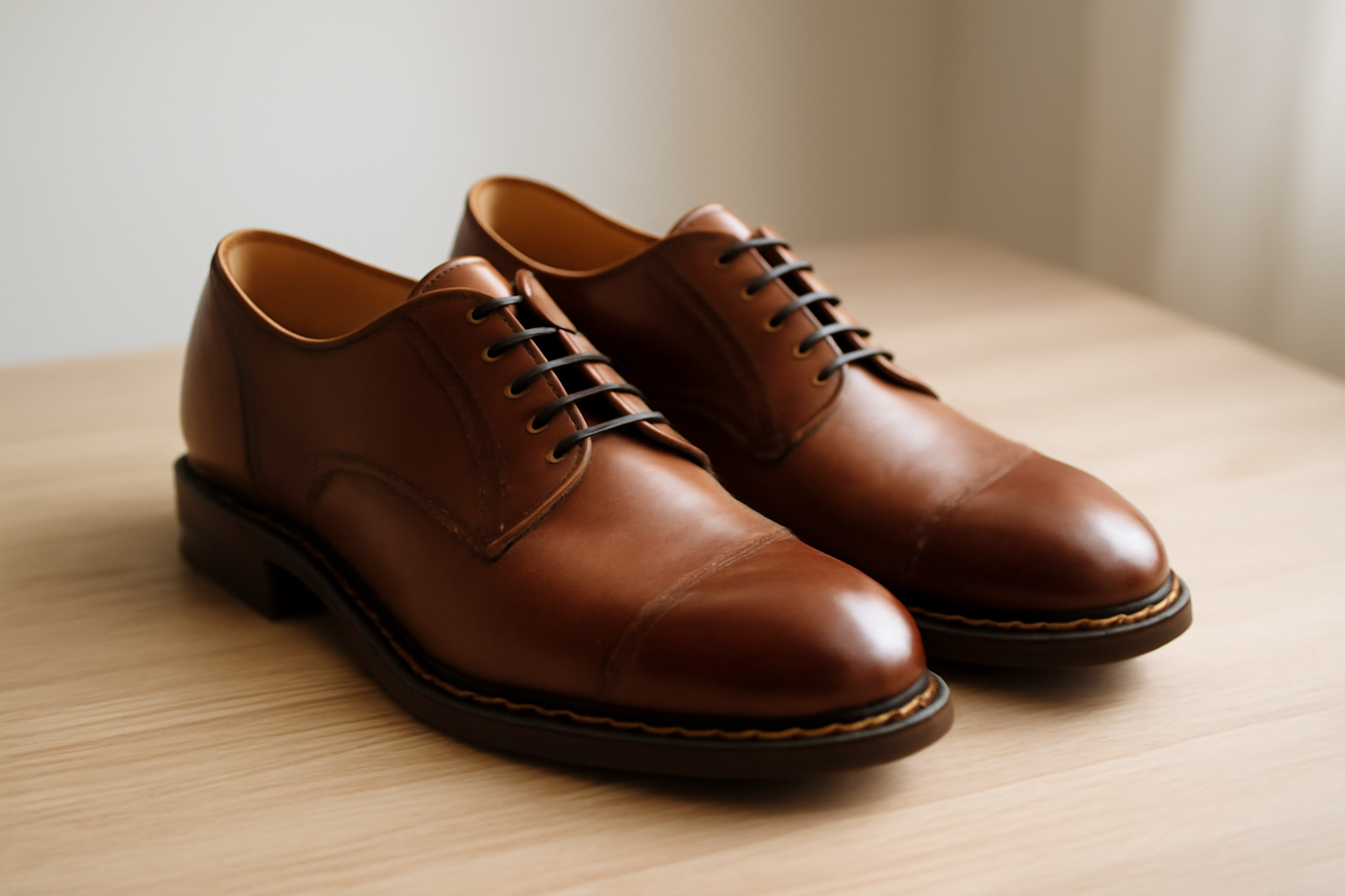 chaussures en cuir cousu posées sur surface bois