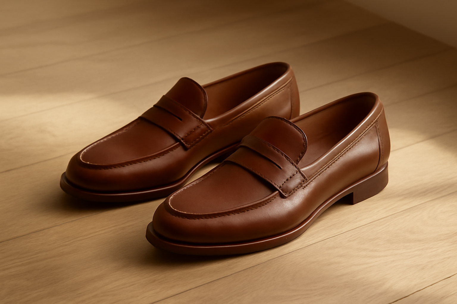 annie-chausseur-armando-cabral-mocassin-explication mocassins en cuir élégants posés sur sol bois