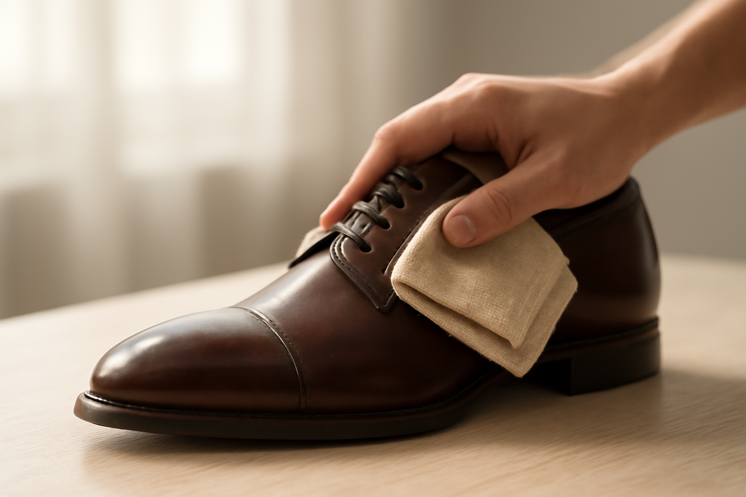 annie-chausseur-enlever-poussiere-chaussures-cuir-ville chiffon retirant poussière sur chaussure en cuir