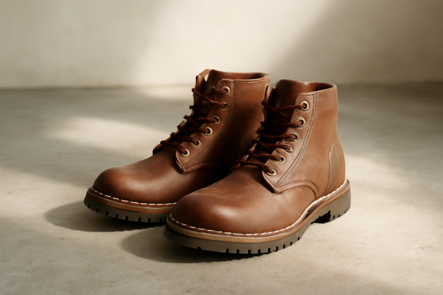 chaussures robustes en cuir posées sur sol béton