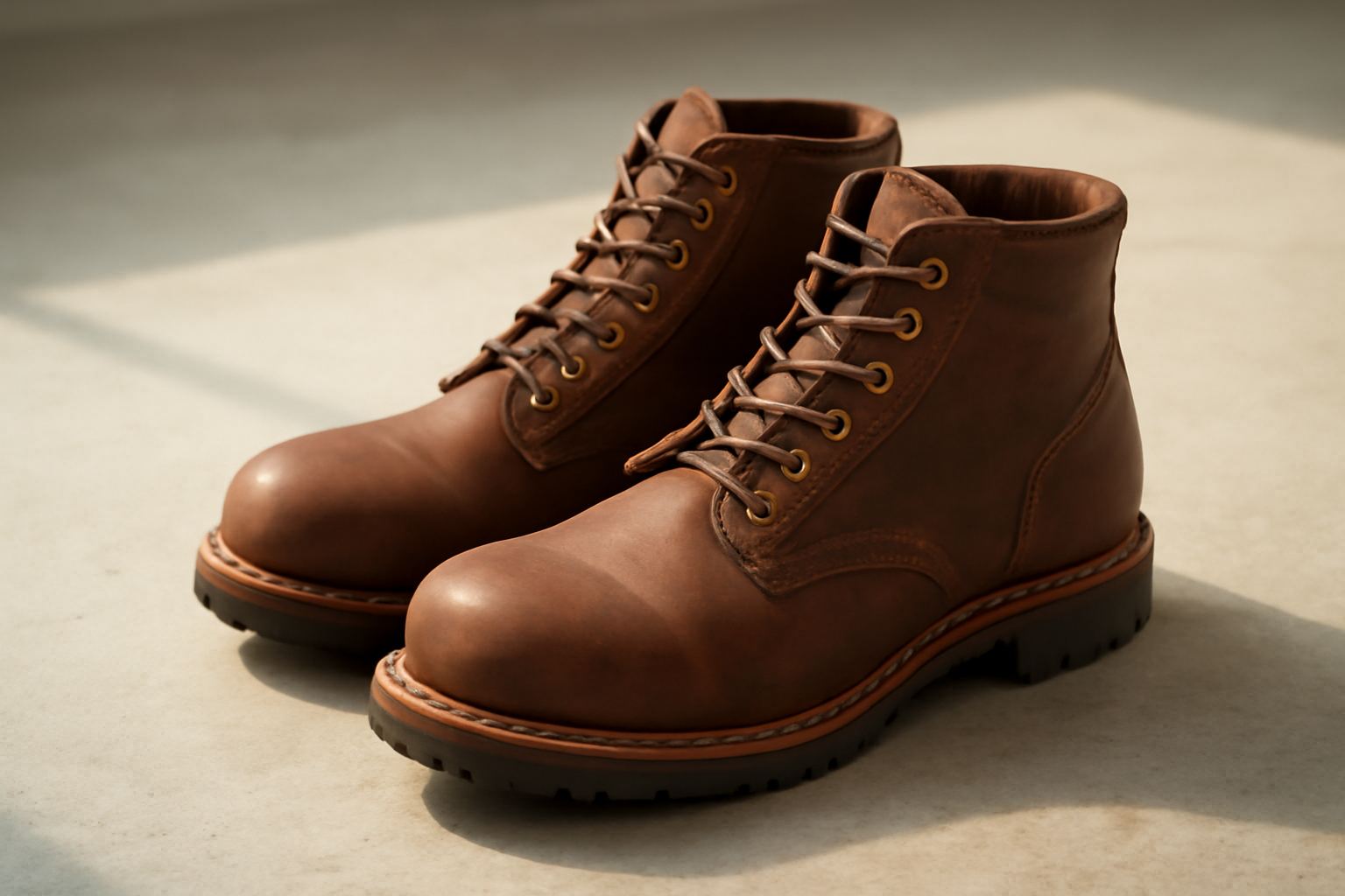 chaussures robustes en cuir posées sur sol béton