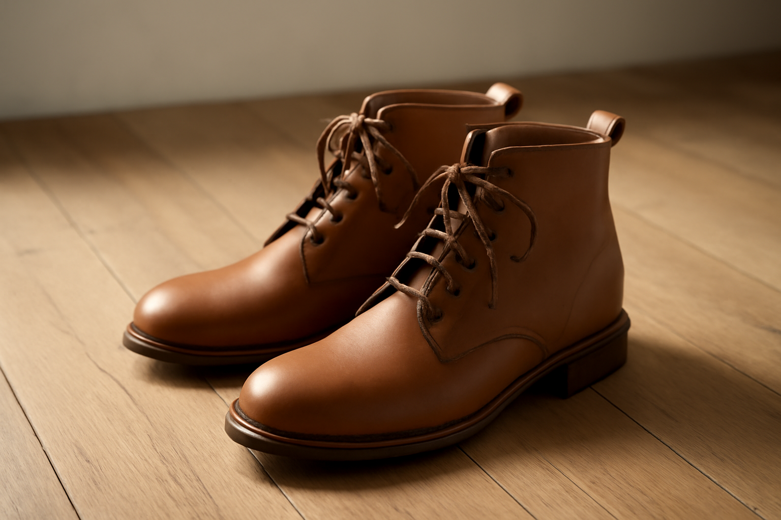 bottines en cuir avec lacets posées sur sol bois