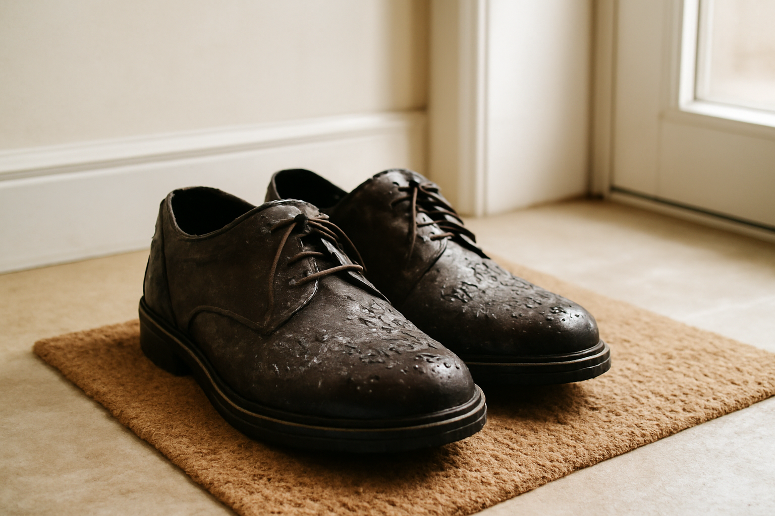annie-chausseur-nettoyer-chaussures-apres-journee-pluvieuse chaussures humides séchant près d’une entrée