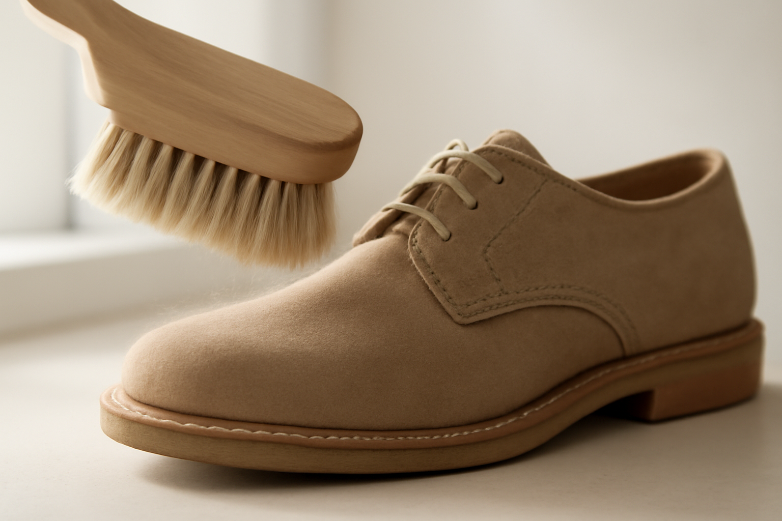 annie-chausseur-nettoyer-chaussures-apres-journee-poussiereuse brosse retirant poussière sur chaussure