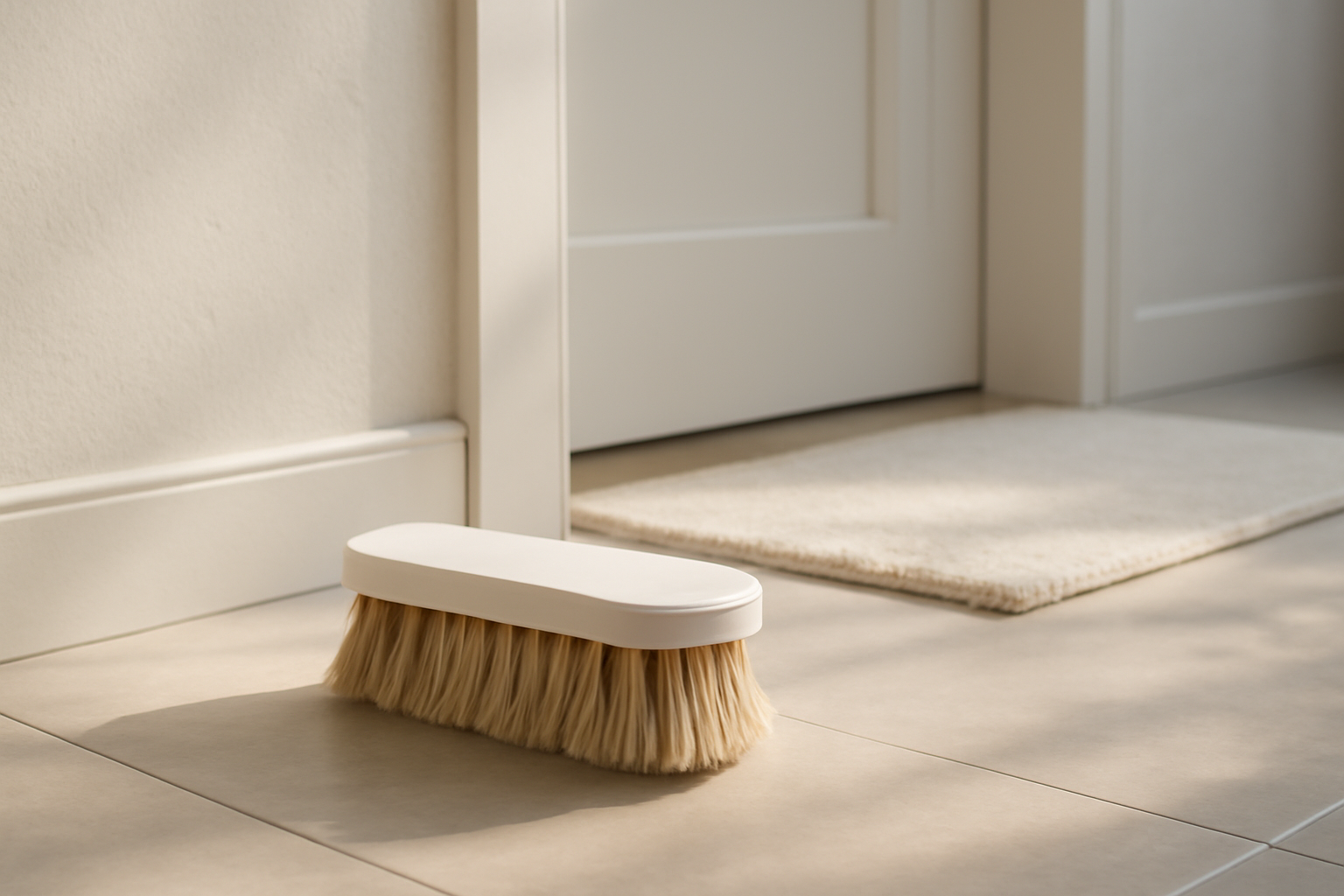 annie-chausseur-nettoyer-chaussures-apres-poussiere-parking-sous-sol brosse nettoyant chaussure près d’une entrée
