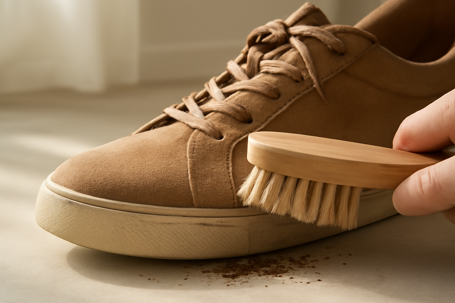 annie-chausseur-nettoyer-chaussures-apres-promenade-parc brosse retirant saleté sur chaussure