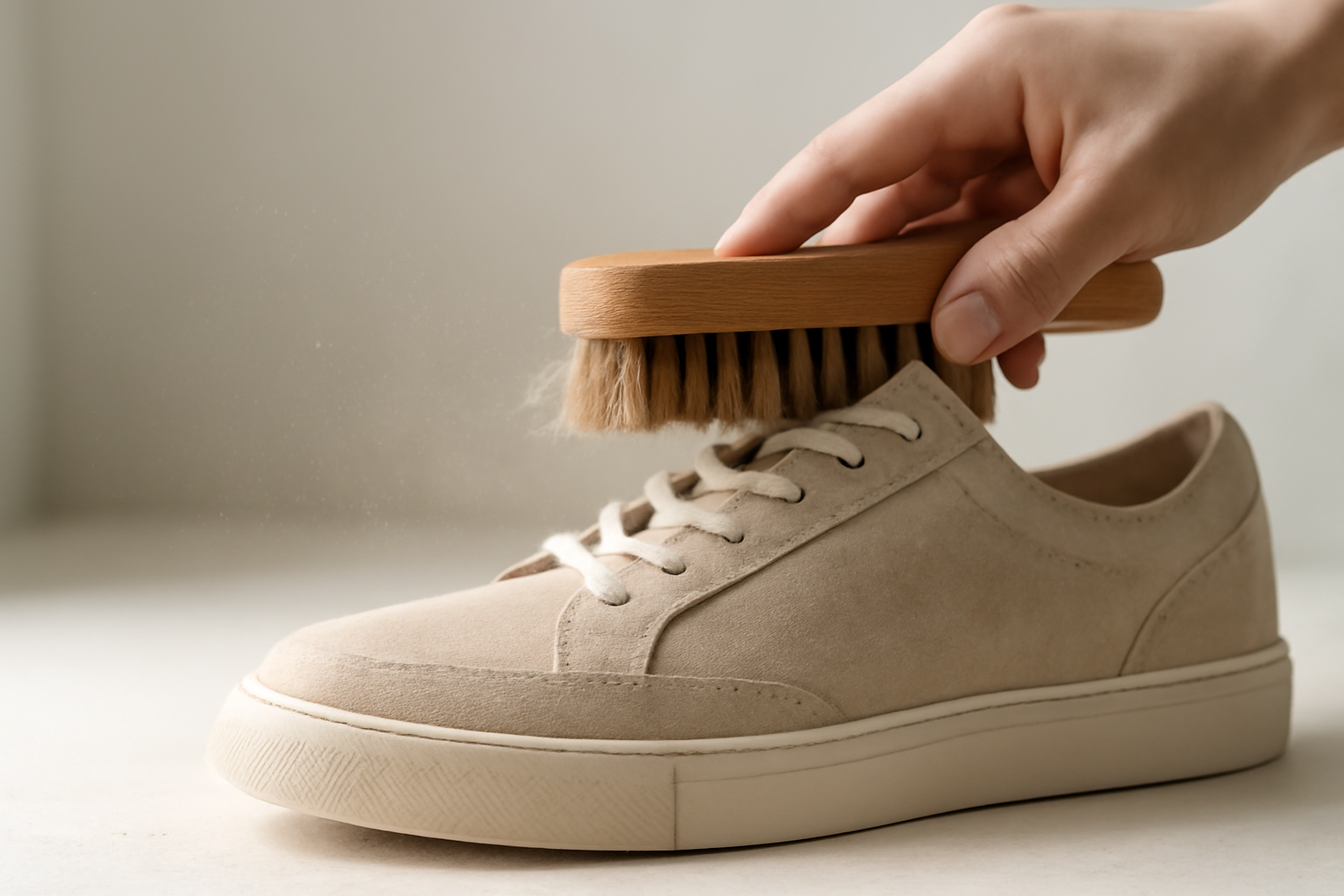 annie-chausseur-nettoyer-chaussures-apres-terrain-poussiereux brosse retirant poussière sur chaussure