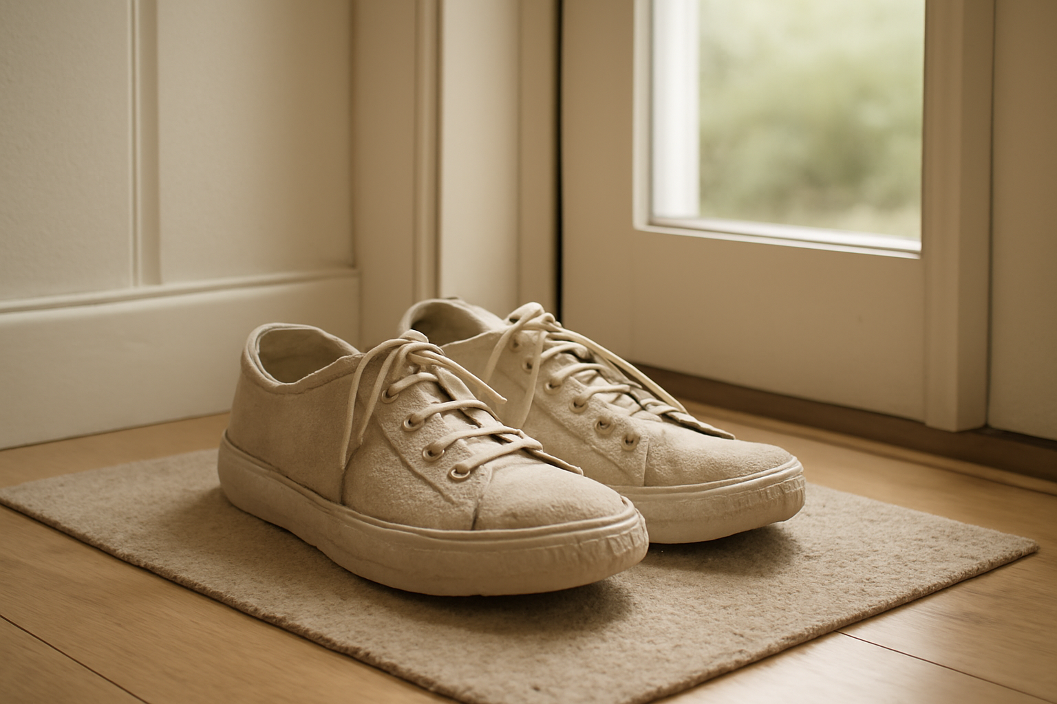 chaussures mouillées séchant près d’une entrée
