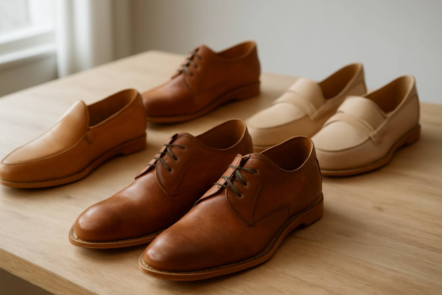 annie-chausseur-nouvelles-marques-chaussures-artisanales-france chaussures artisanales exposées sur table bois