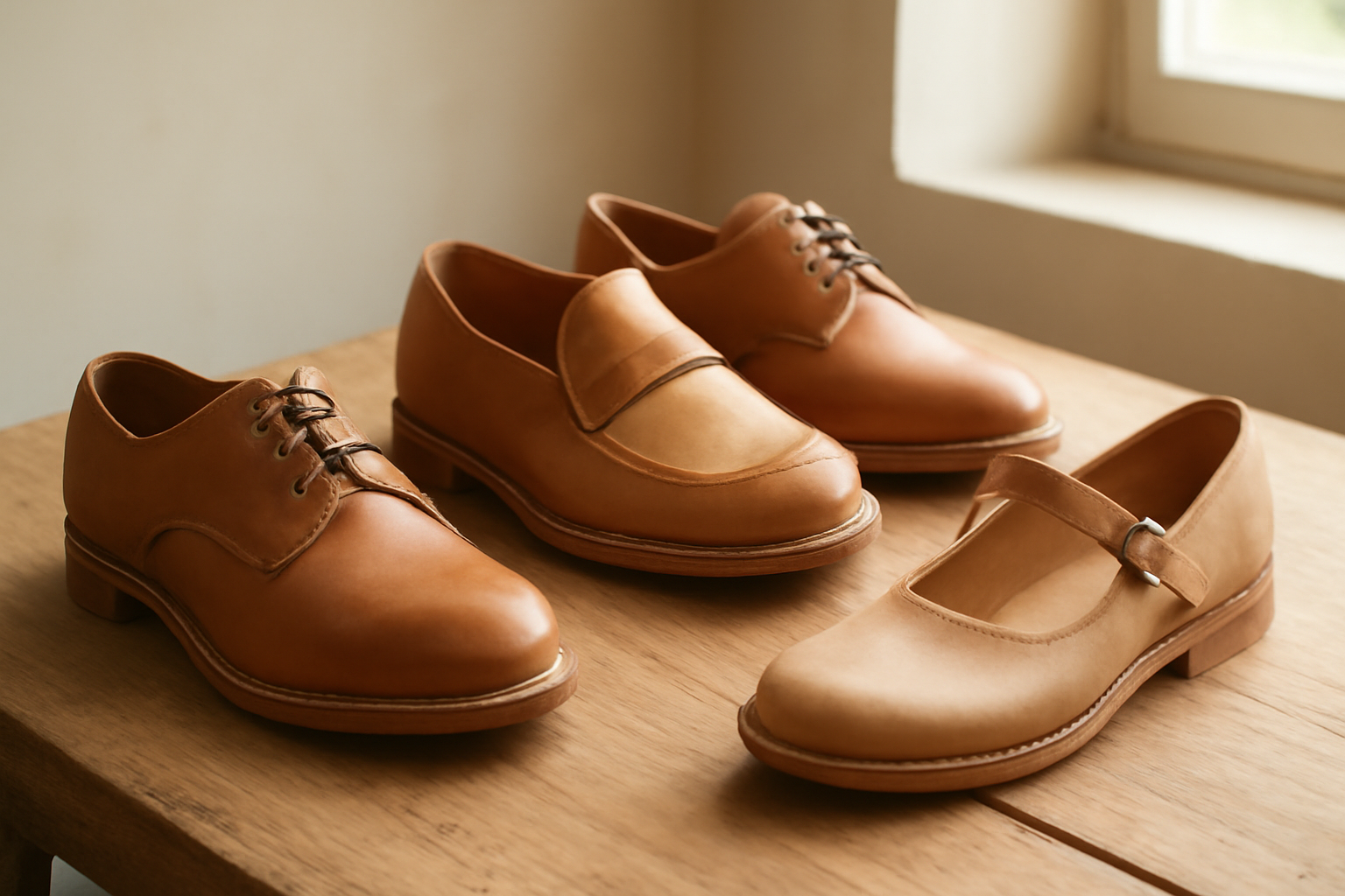 chaussures artisanales exposées sur table bois