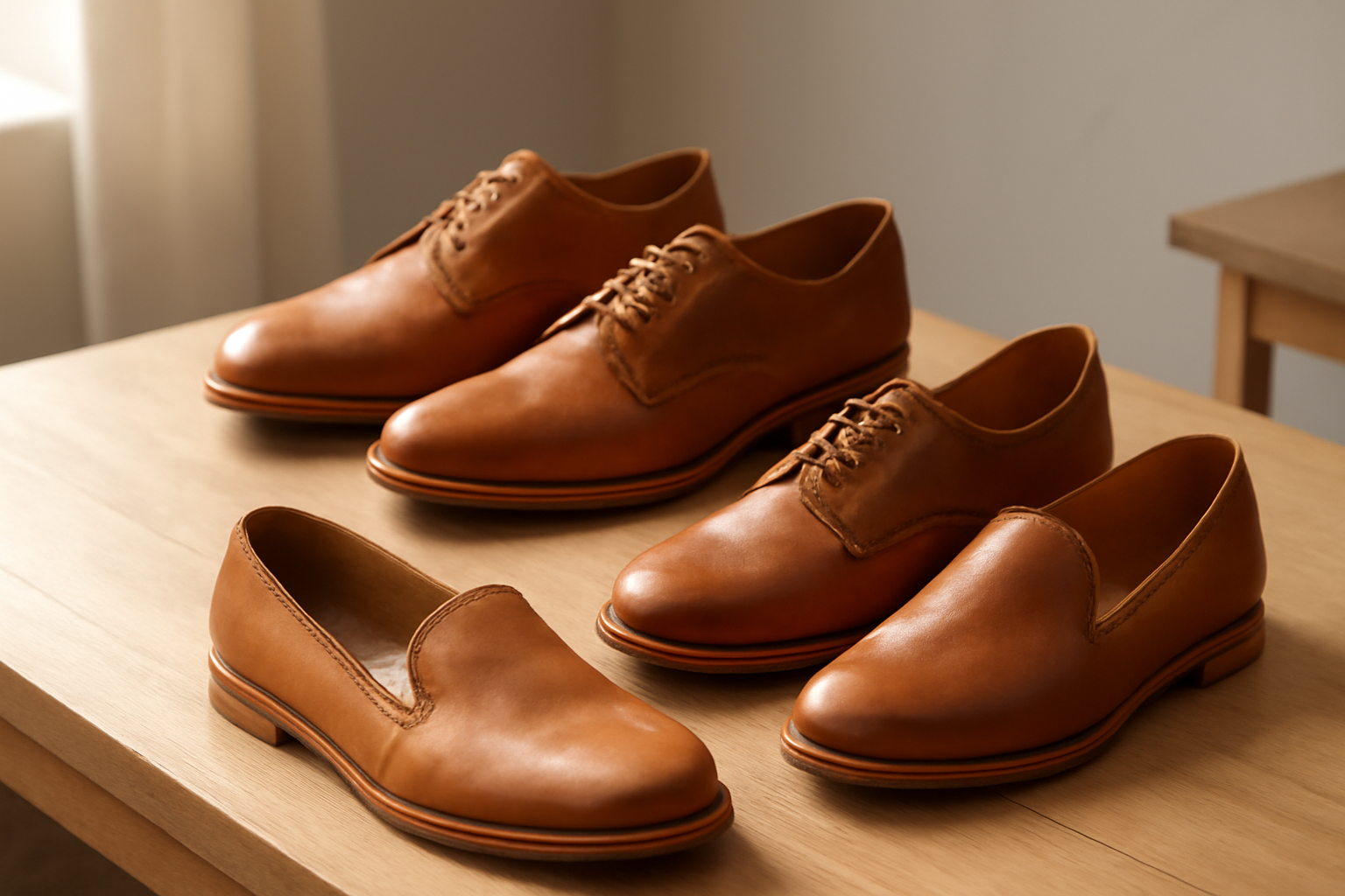 annie-chausseur-nouvelles-marques-chaussures-artisanales-japon chaussures artisanales exposées sur table bois