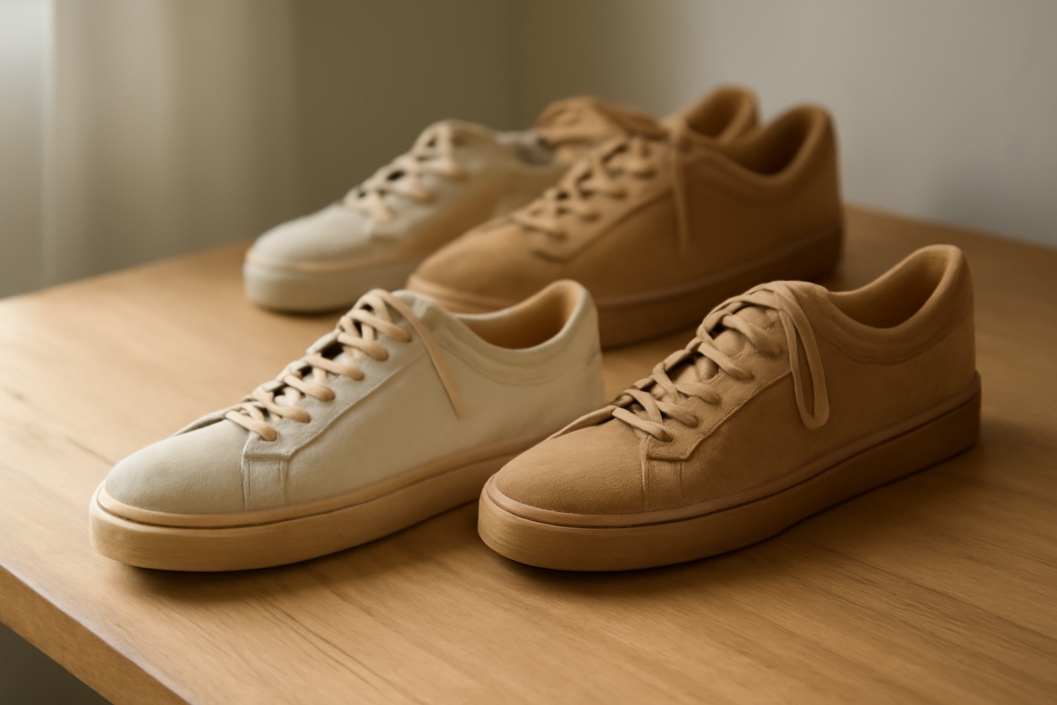 annie-chausseur-nouvelles-marques-sneakers-artisanales-europe sneakers artisanales exposées sur table bois
