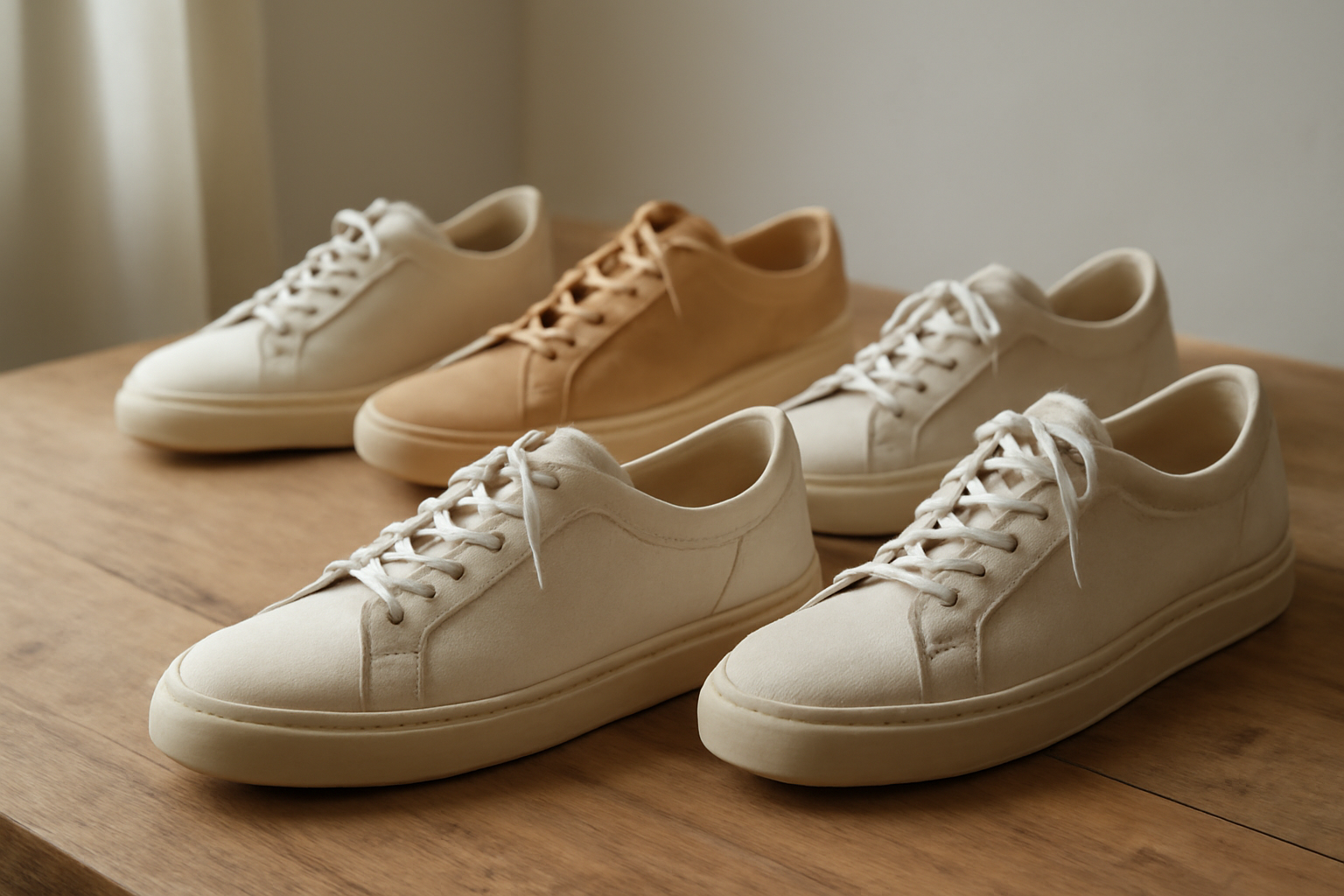 annie-chausseur-nouvelles-marques-sneakers-artisanales sneakers artisanales exposées sur table bois