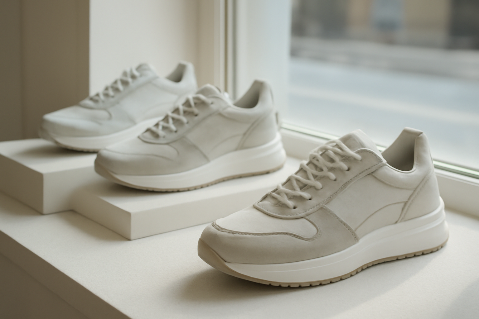 sneakers modernes exposées en vitrine
