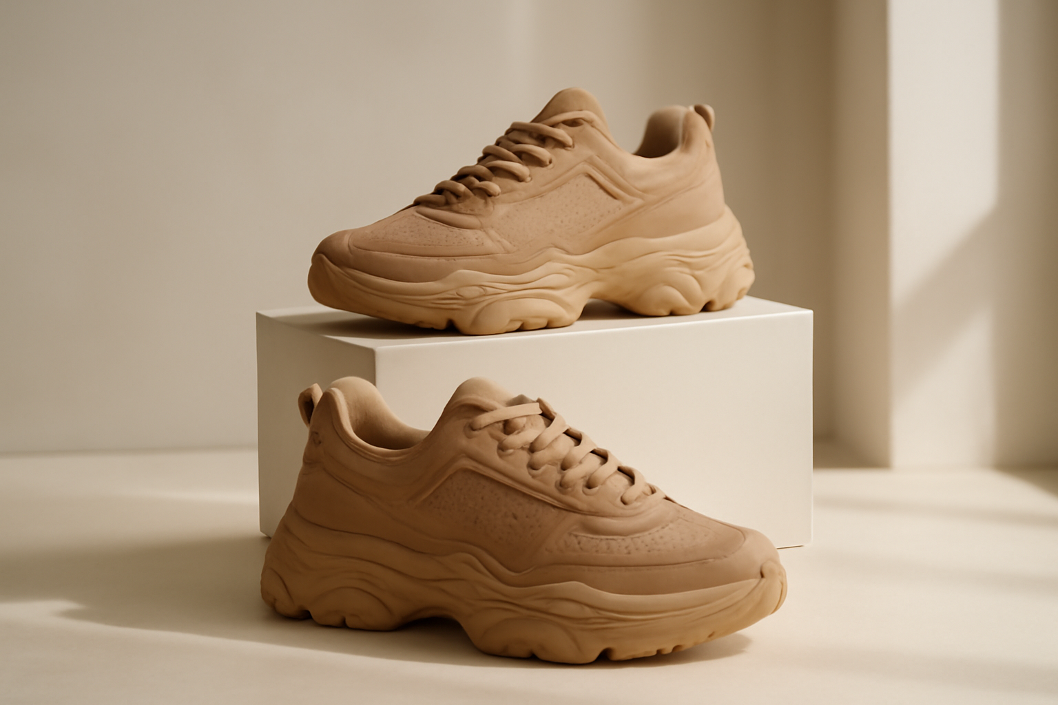 sneakers robustes exposées sur présentoir