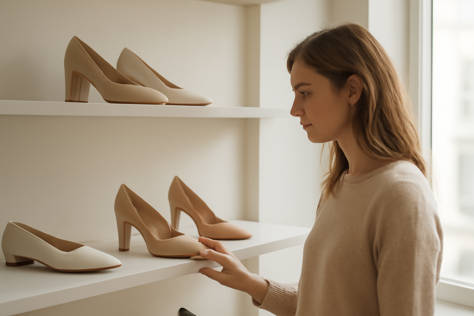 client observant chaussures design en boutique