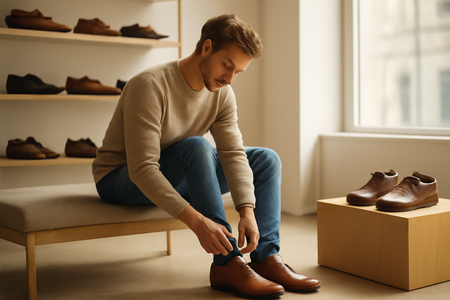 client essayant chaussures en cuir en boutique