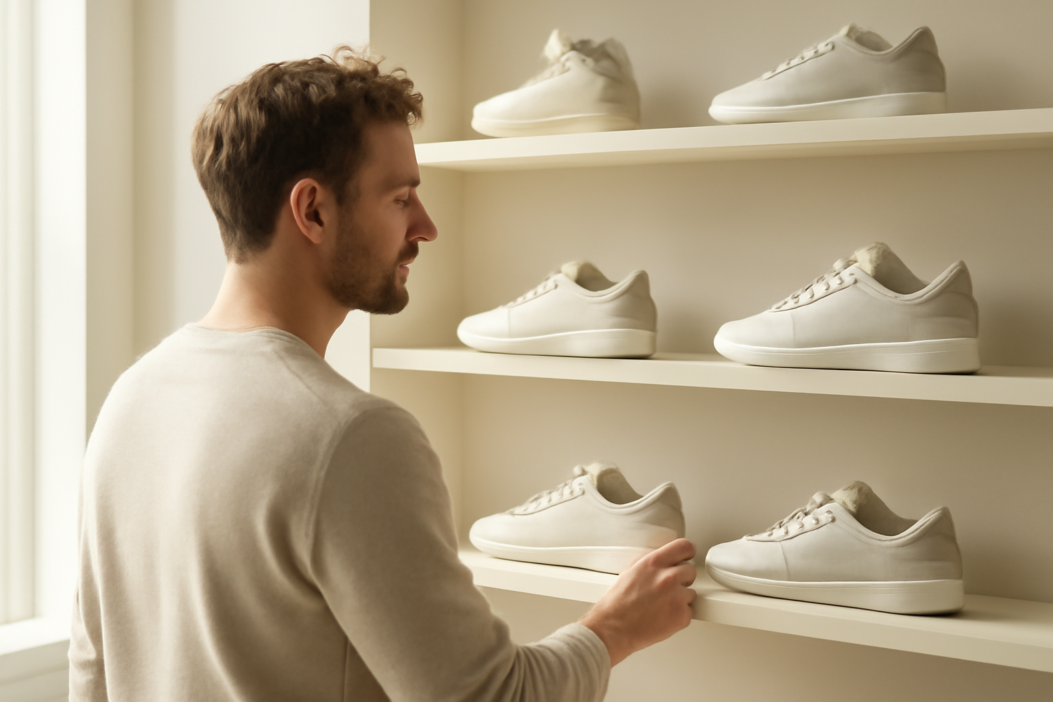 annie-chausseur-ou-trouver-boutique-sneakers-lille-centre client observant sneakers sur étagère en boutique