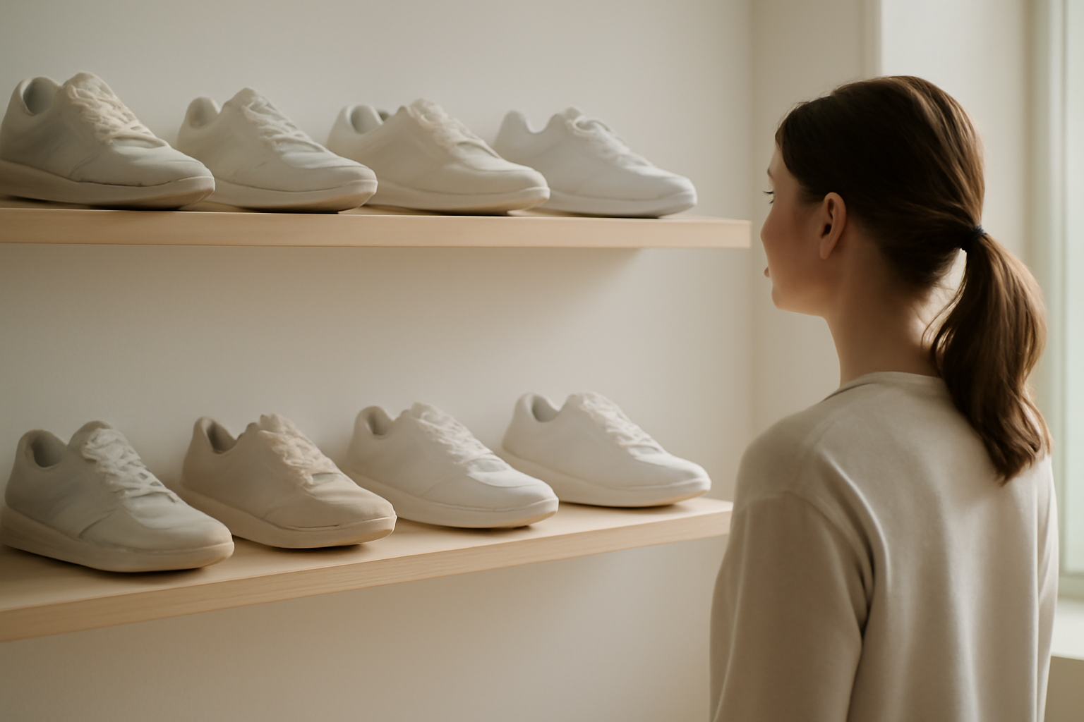client regardant sneakers alignées sur étagère