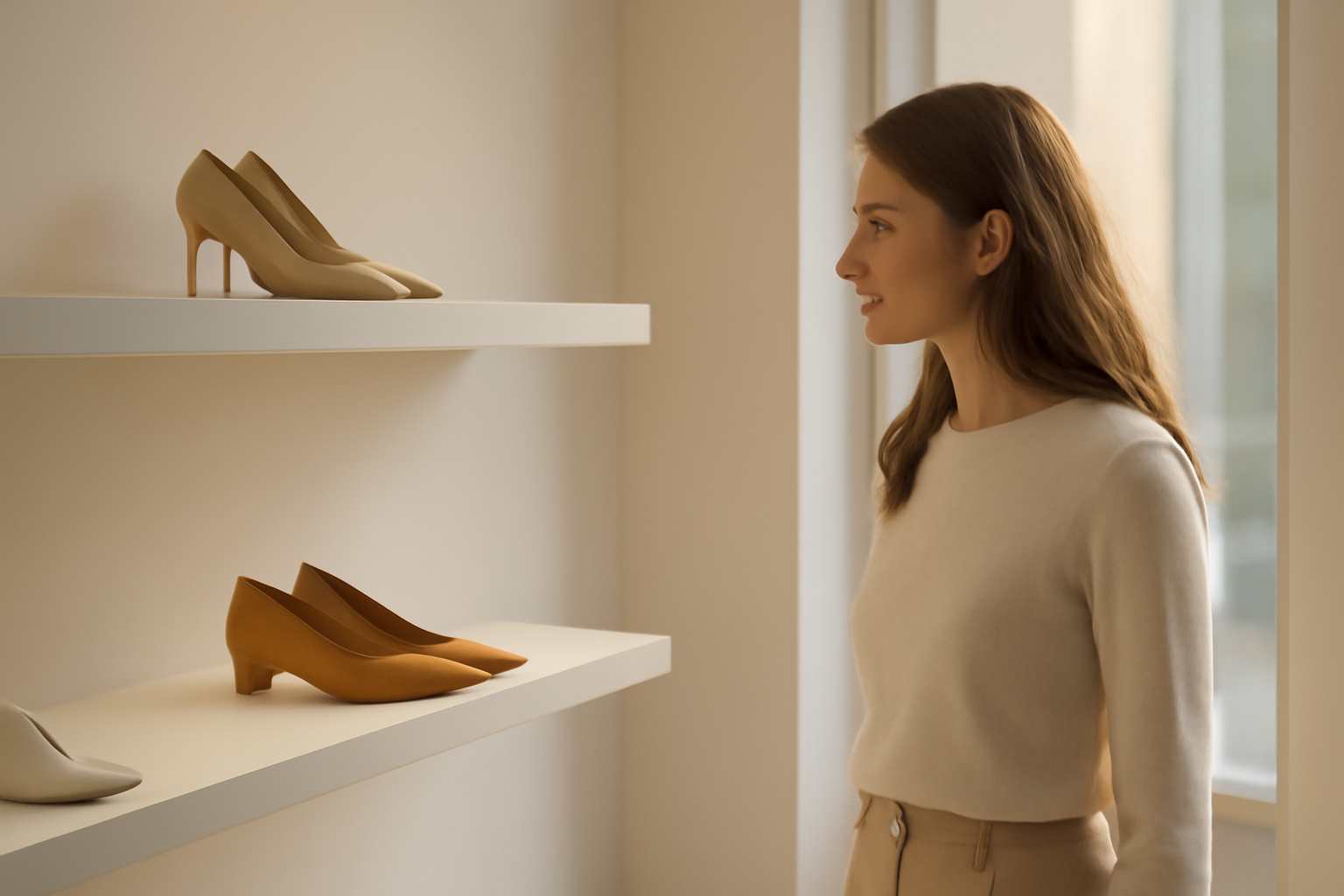 client observant chaussures design en boutique