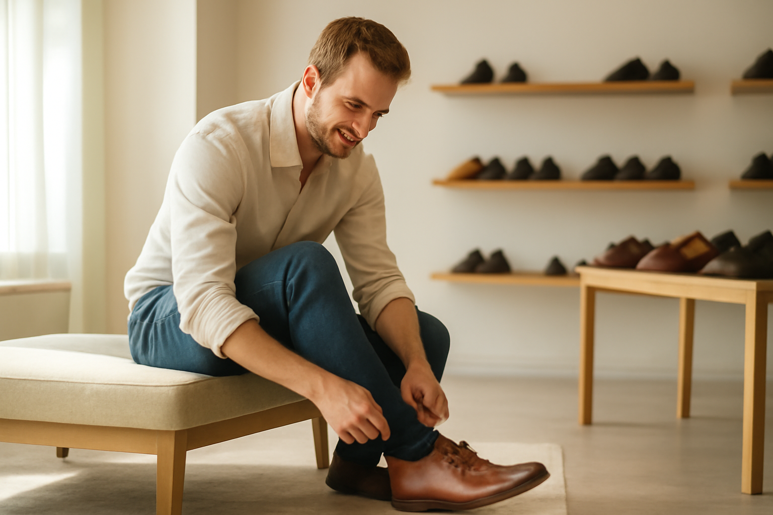 client essayant chaussures en cuir en magasin