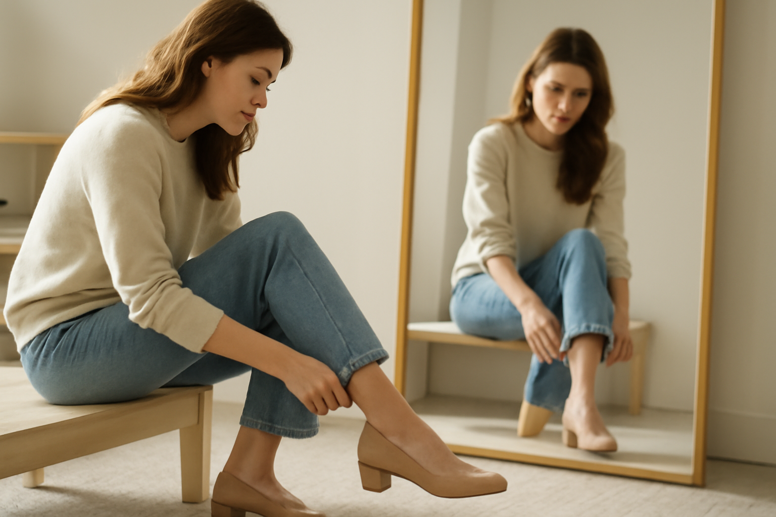 client essayant chaussures devant miroir