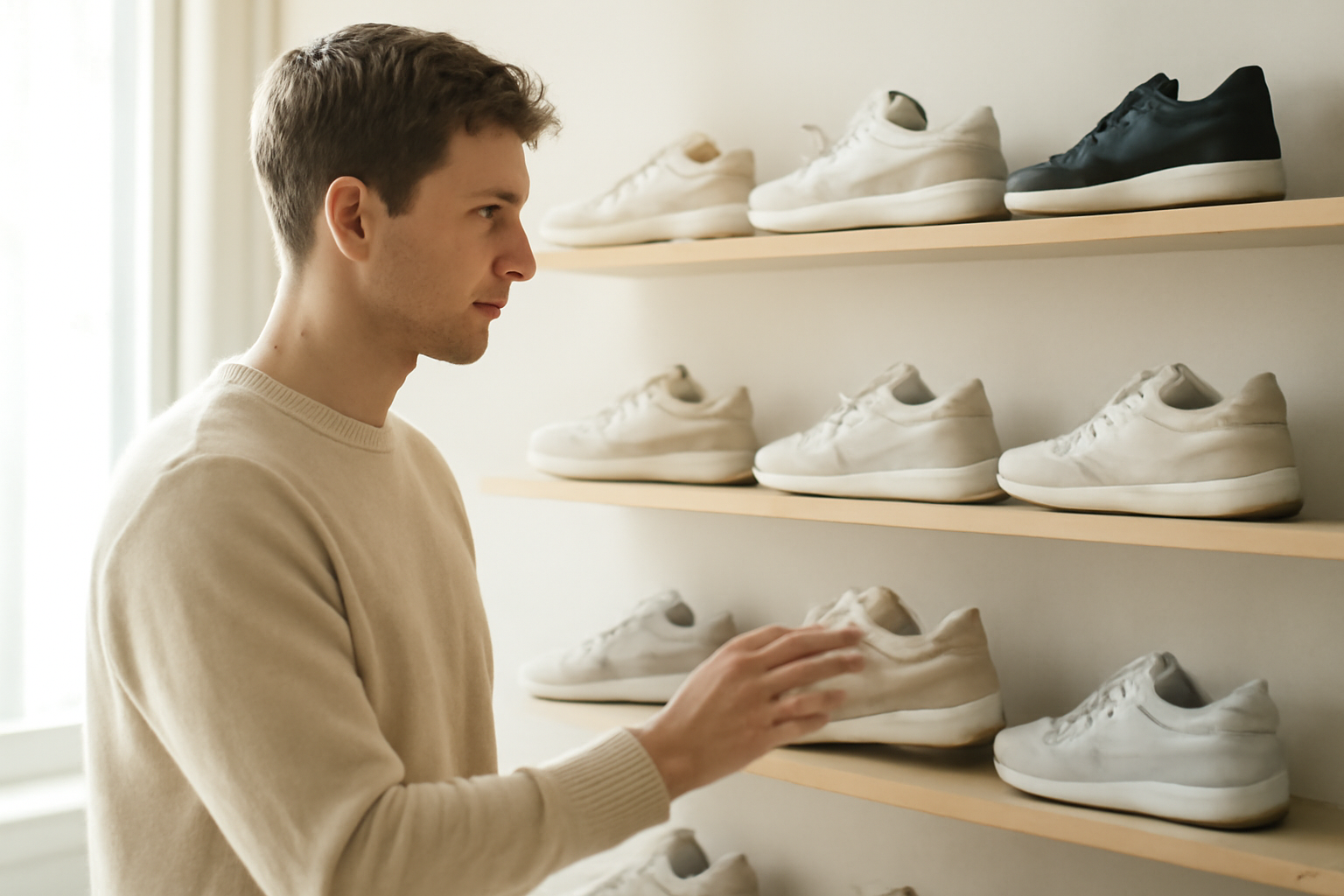 client regardant sneakers sur étagère