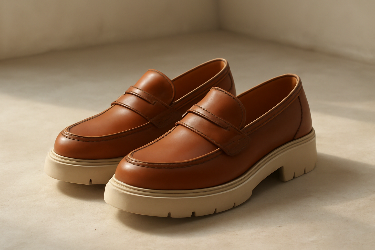 mocassins en cuir avec semelle épaisse posés sur sol