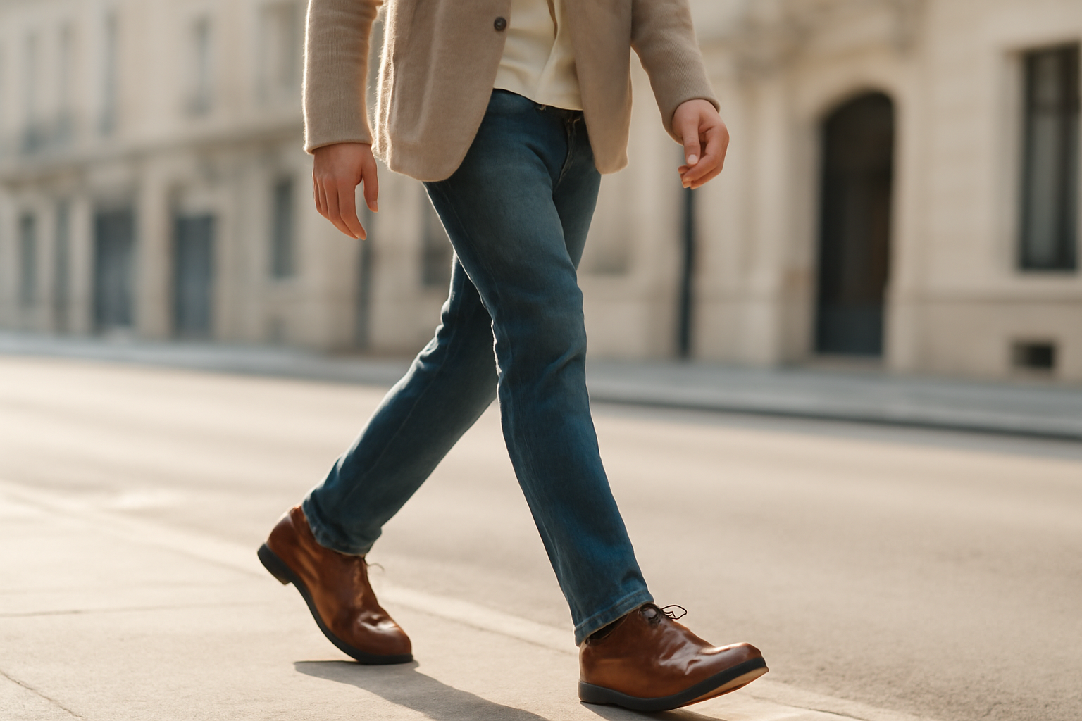 annie-chausseur-porter-chaussures-cuir-look-casual-ville homme marchant en ville avec chaussures en cuir
