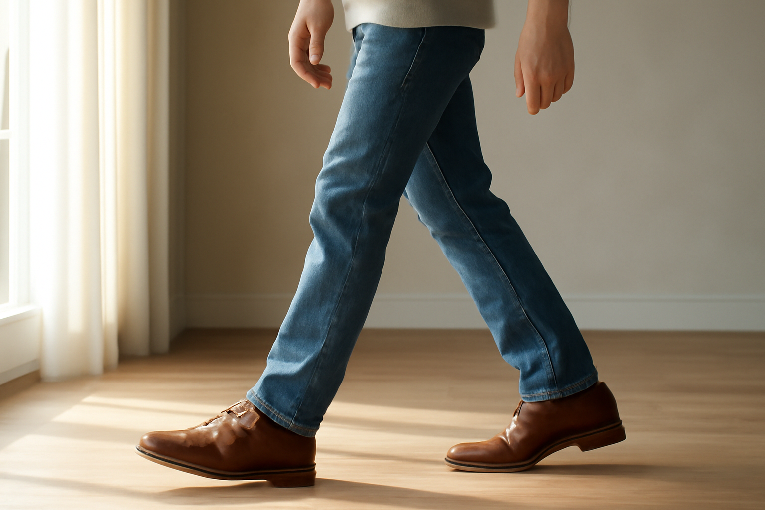 annie-chausseur-porter-chaussures-cuir-style-casual-homme homme marchant avec chaussures en cuir et jean