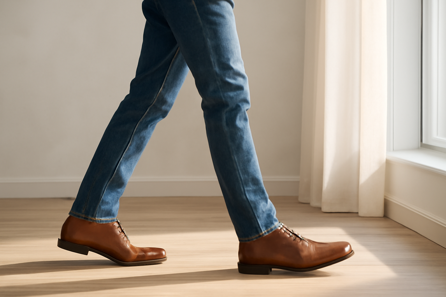 annie-chausseur-porter-chaussures-cuir-style-casual-ville homme marchant avec chaussures en cuir et jean