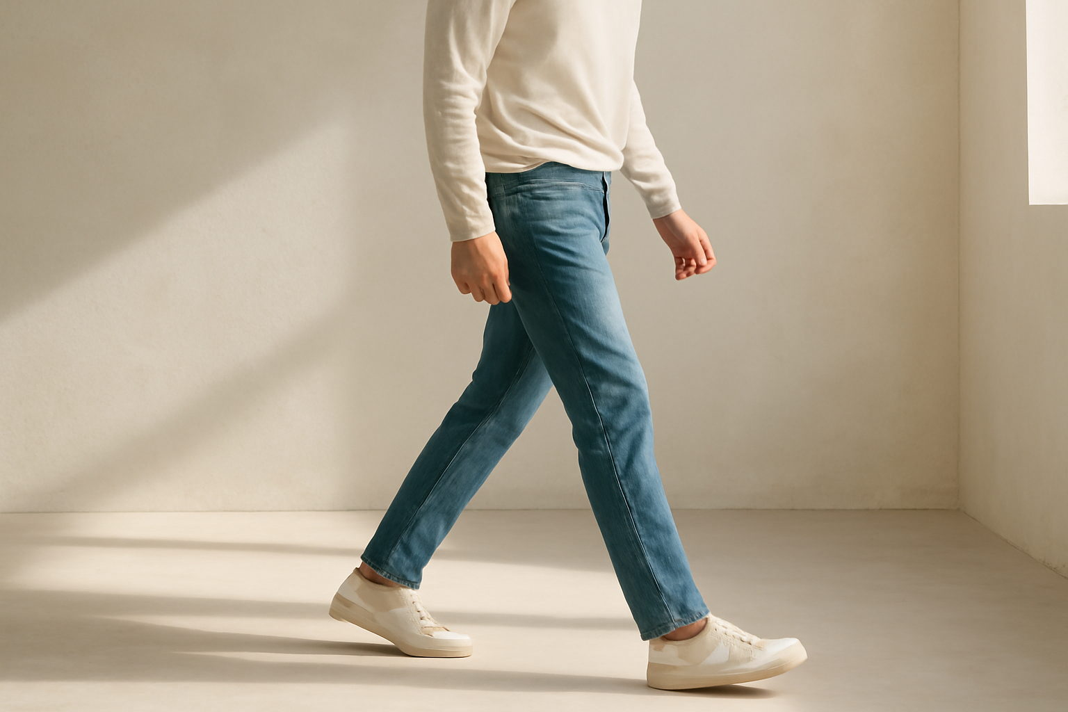 homme marchant avec chaussures minimalistes et jean
