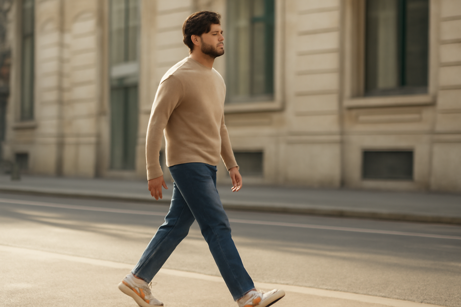 annie-chausseur-porter-chaussures-retro-look-urbain-homme homme marchant en ville avec sneakers rétro