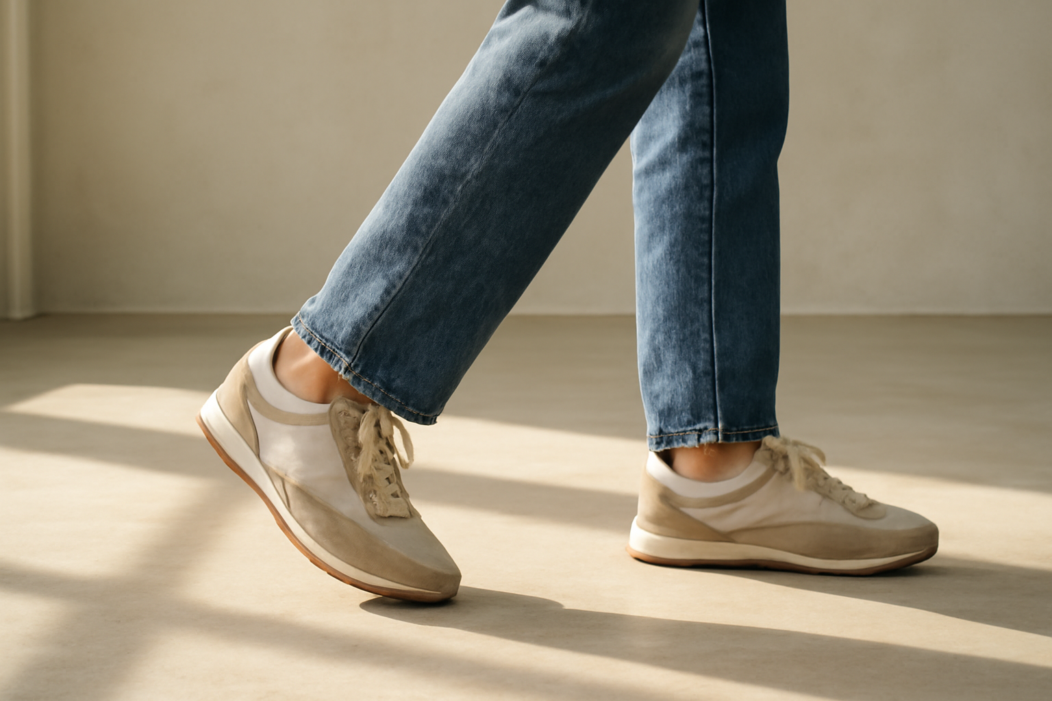 annie-chausseur-porter-chaussures-retro-style-casual-ville personne marchant avec sneakers rétro et jean