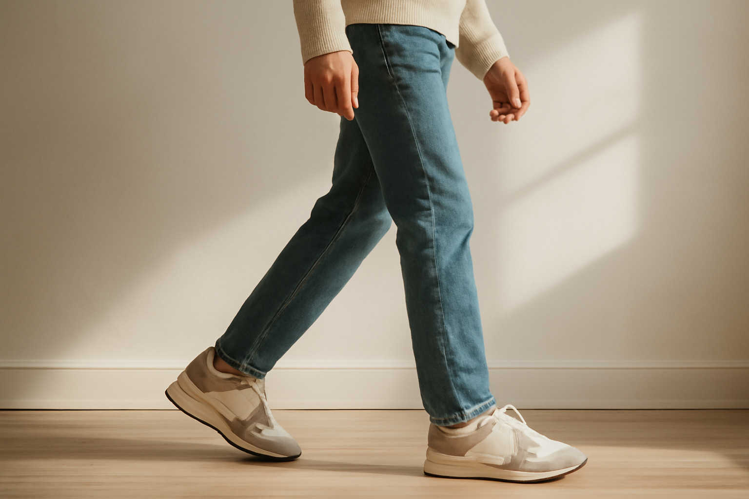 annie-chausseur-porter-chaussures-retro-style-casual-ville personne marchant avec sneakers rétro et jean