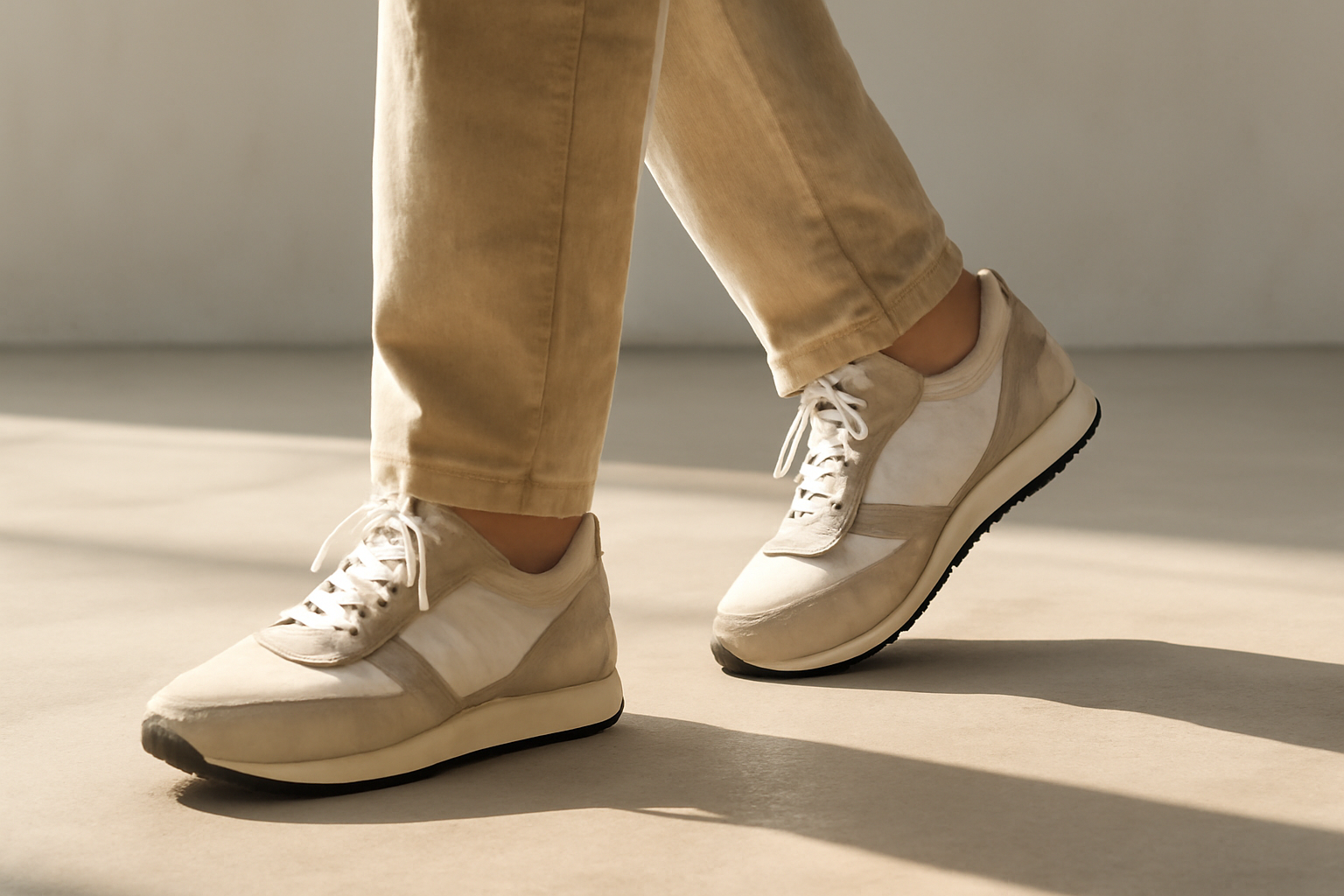 annie-chausseur-porter-chaussures-retro-style-minimaliste personne marchant avec sneakers rétro
