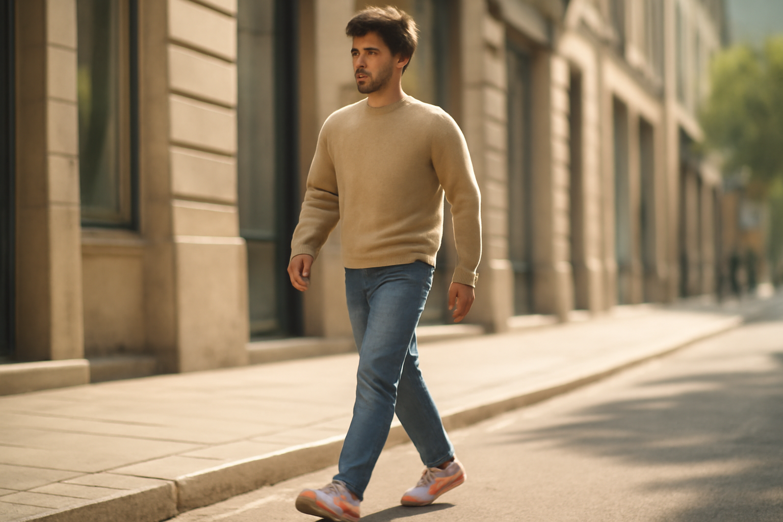 annie-chausseur-porter-chaussures-retro-style-urbain-homme homme marchant avec sneakers rétro en ville
