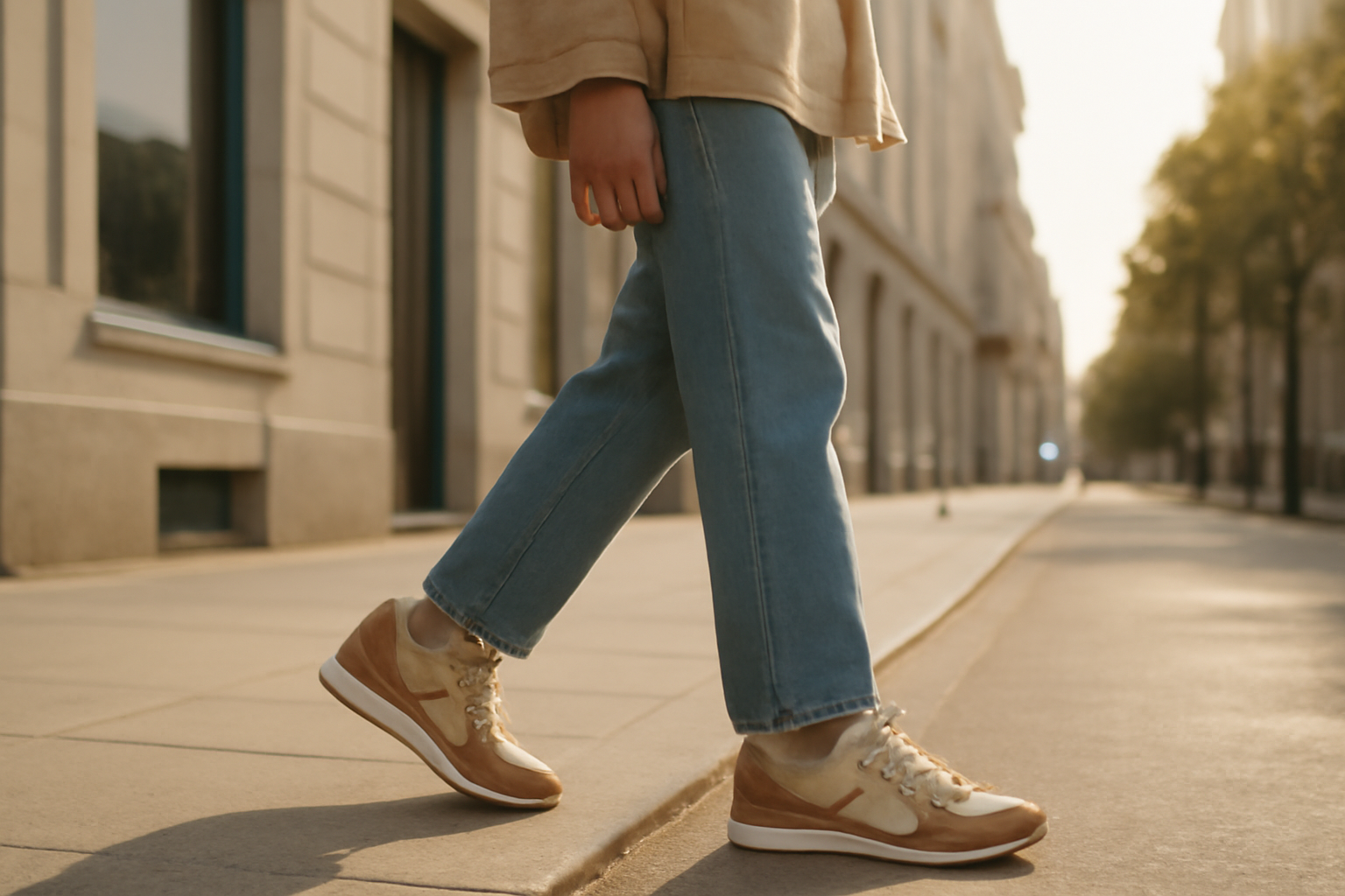 annie-chausseur-porter-chaussures-retro-style-ville personne marchant en ville avec sneakers rétro