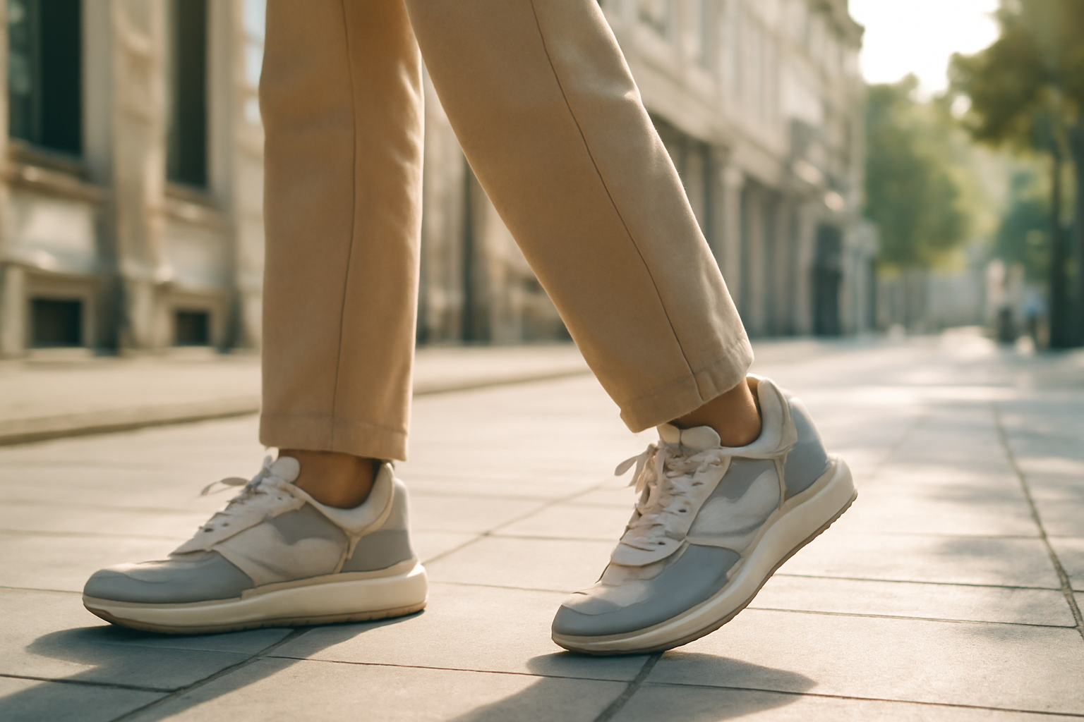 annie-chausseur-porter-chaussures-urbaines-tenue-simple personne marchant en ville avec chaussures urbaines