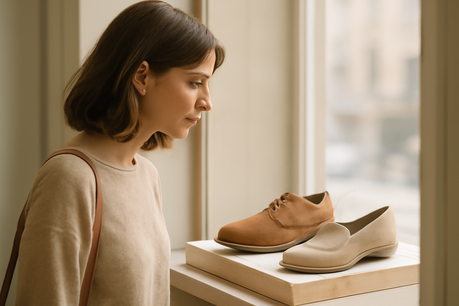annie-chausseur-quel-magasin-chaussures-rouen-centre client observant chaussures en vitrine
