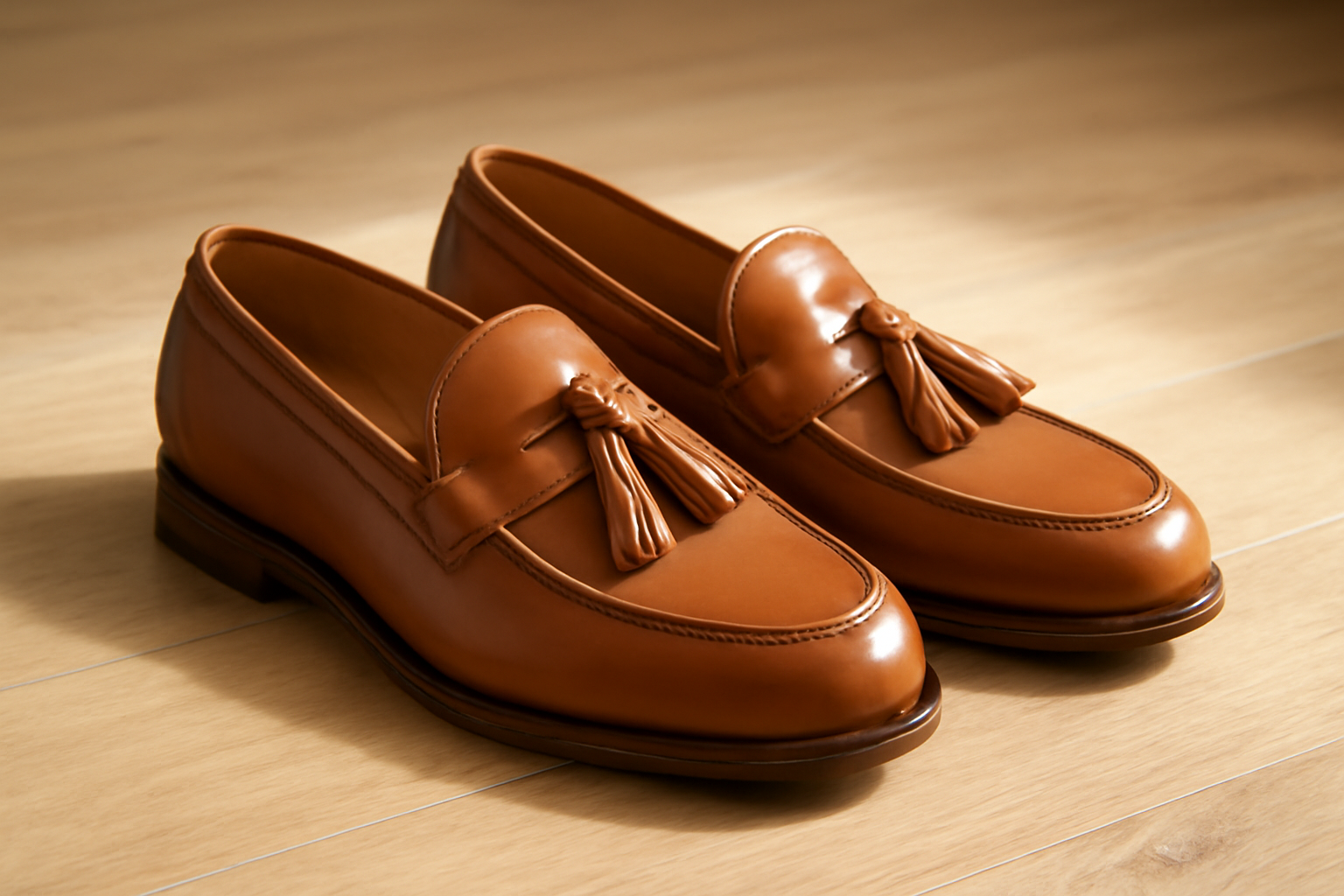 mocassins en cuir avec pampilles posés sur sol bois