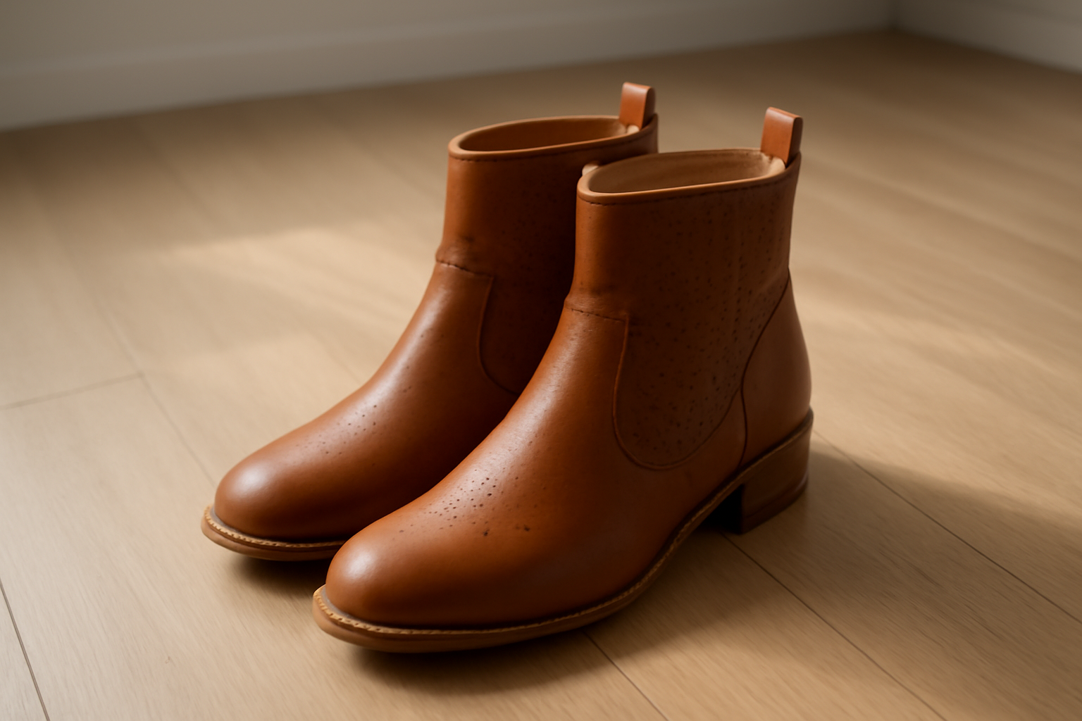 annie-chausseur-trickers-stow-explication bottines en cuir avec perforations décoratives posées sur sol bois