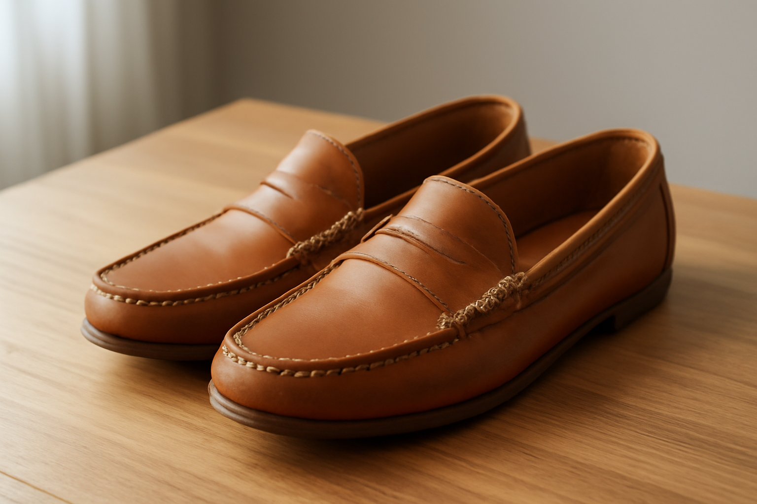 annie-chausseur-yuketen-angler-moc-explication mocassins en cuir cousu posés sur table bois