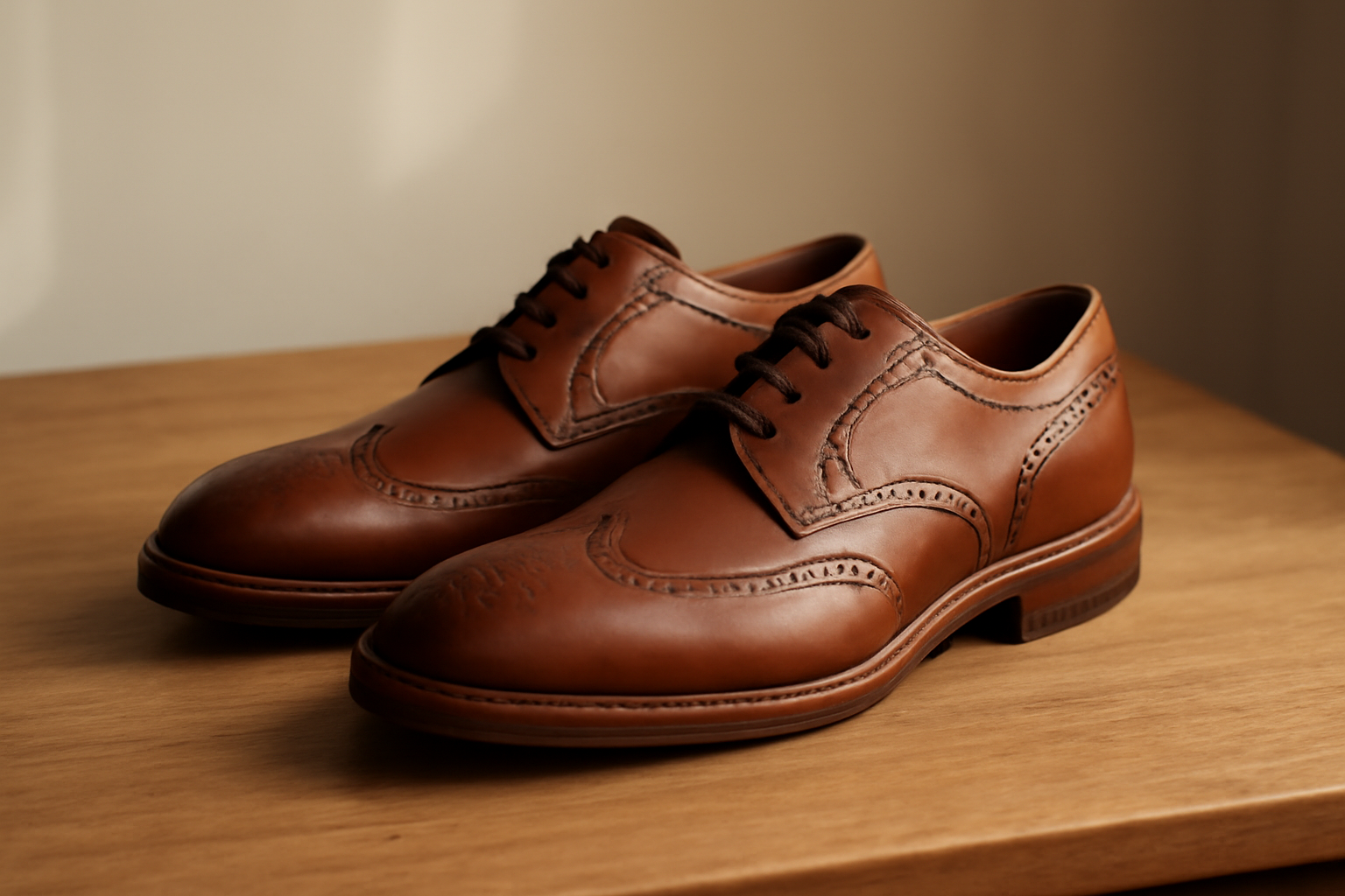 annie-chausseur-yuketen-blucher-rocker-explication chaussures en cuir cousu posées sur table bois