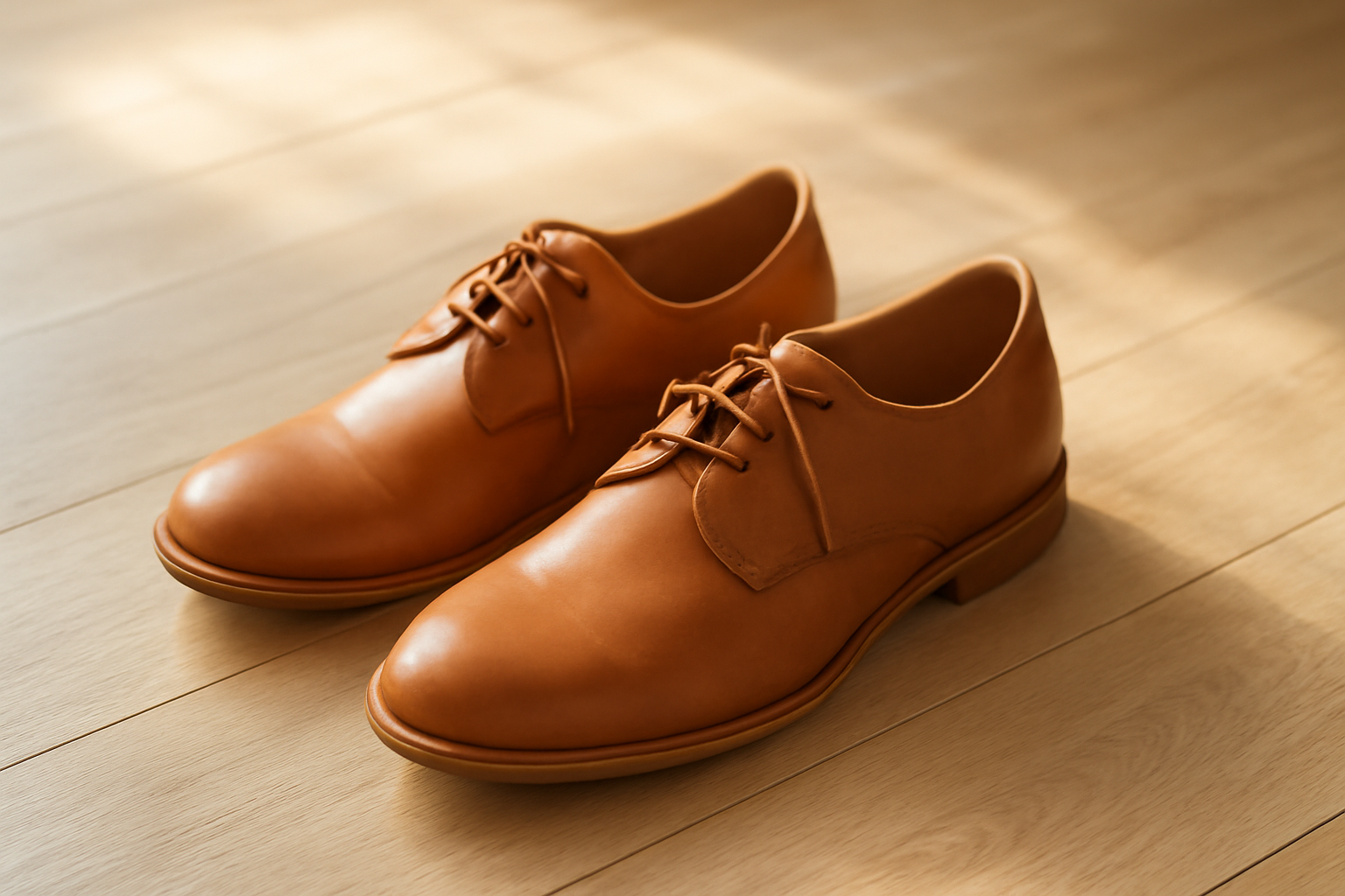 chaussures en cuir souple posées sur sol bois