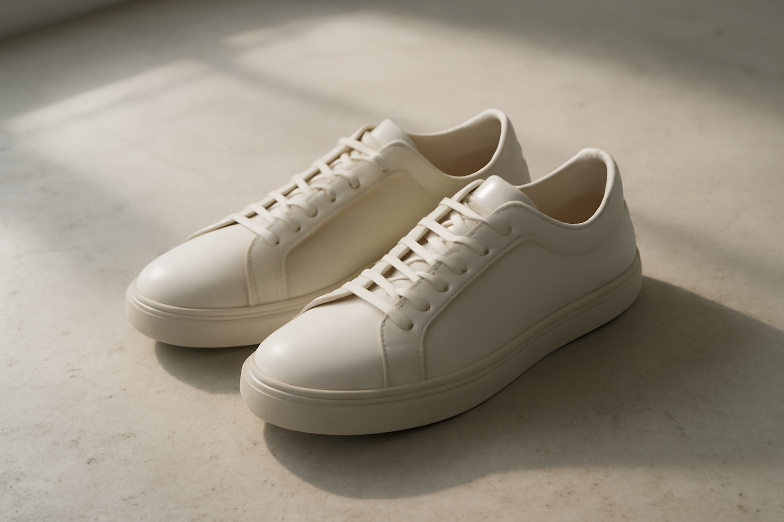 annie-chausseur-crown-northampton-overstone-explication sneakers en cuir minimalistes posées sur sol béton