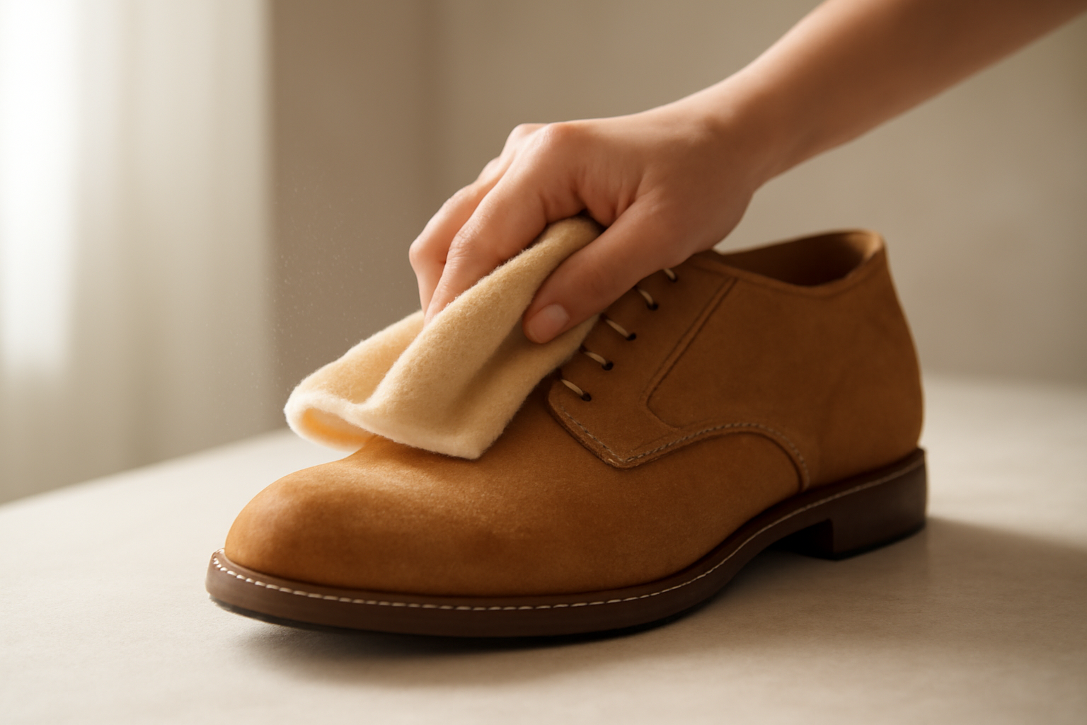 annie-chausseur-enlever-poussiere-chaussures-apres-journee chiffon retirant poussière sur chaussure